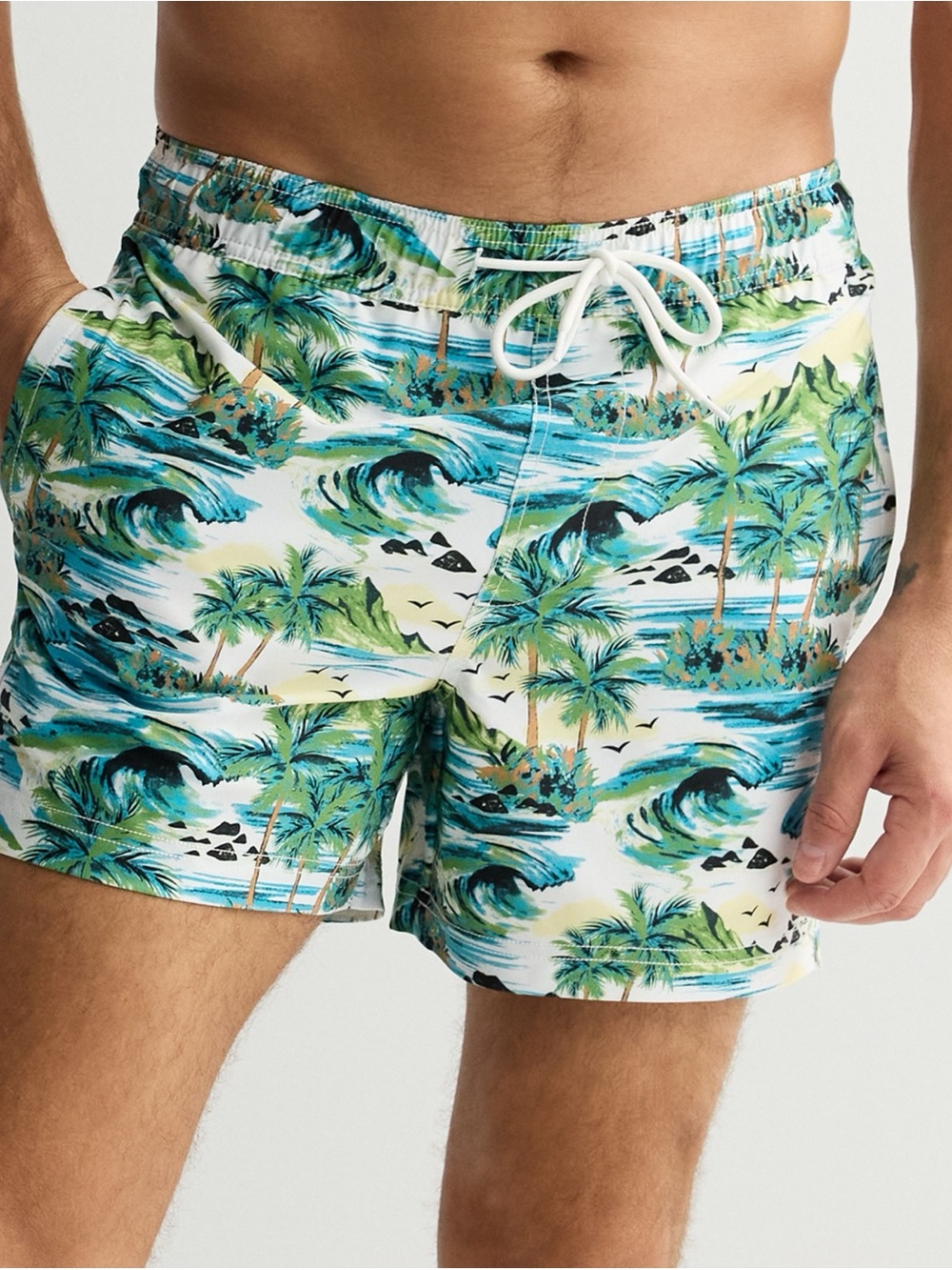 Trinity White Swim Trunks with Green and Blue Tropical Print